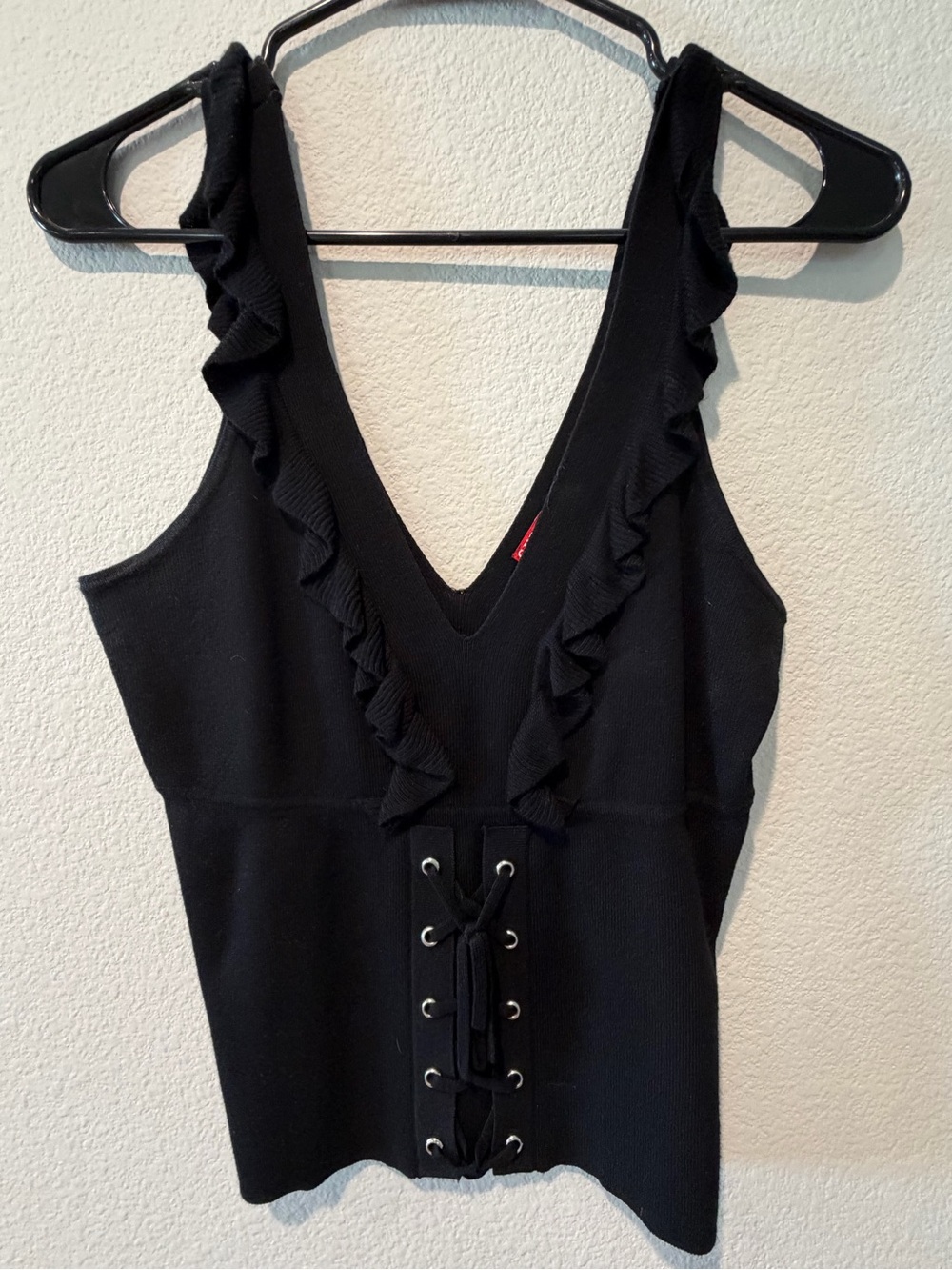 Guess Black Ruffle V-Neck Lace-Up Tank